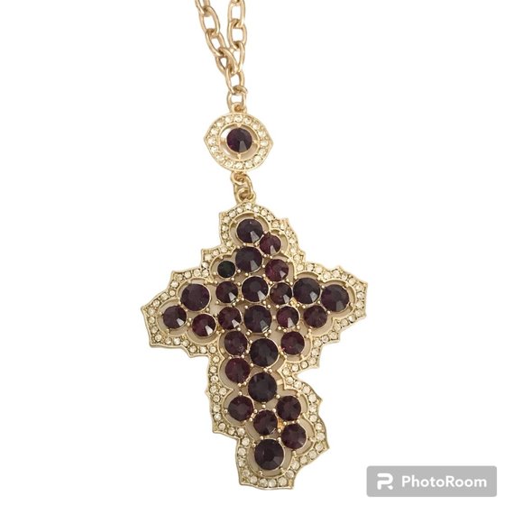 Vintage Style Cross Necklace Purple Crystals Simulated Amethyst Gold Plated 22" - Picture 2 of 14